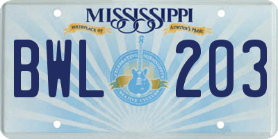 MS license plate BWL203