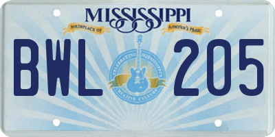 MS license plate BWL205