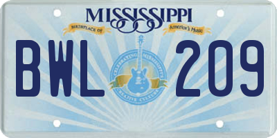 MS license plate BWL209