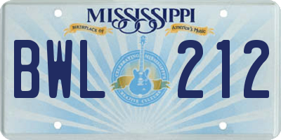 MS license plate BWL212