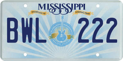 MS license plate BWL222