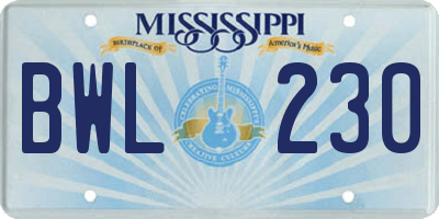 MS license plate BWL230