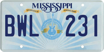 MS license plate BWL231