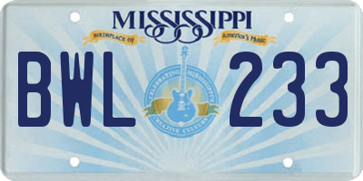 MS license plate BWL233