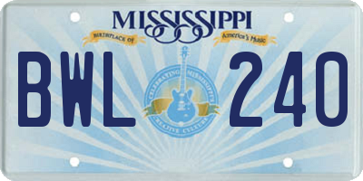 MS license plate BWL240