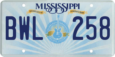 MS license plate BWL258