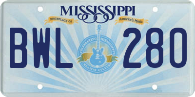 MS license plate BWL280
