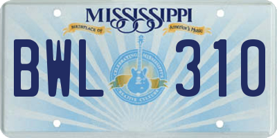 MS license plate BWL310