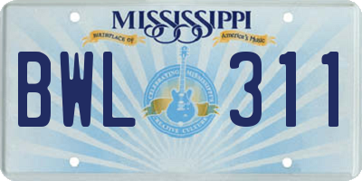 MS license plate BWL311