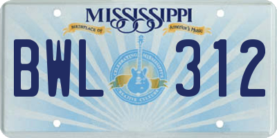 MS license plate BWL312