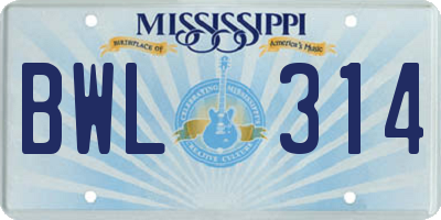 MS license plate BWL314