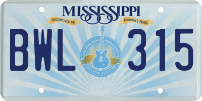 MS license plate BWL315