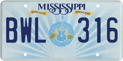 MS license plate BWL316