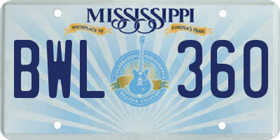 MS license plate BWL360