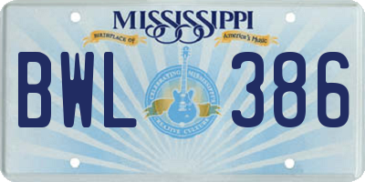 MS license plate BWL386