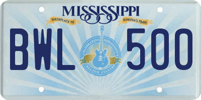MS license plate BWL500