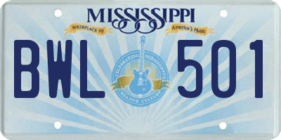 MS license plate BWL501