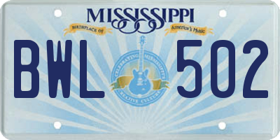 MS license plate BWL502