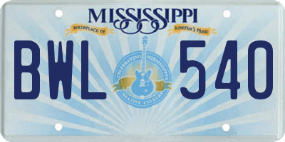 MS license plate BWL540