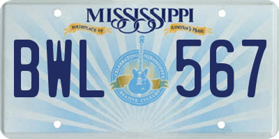 MS license plate BWL567