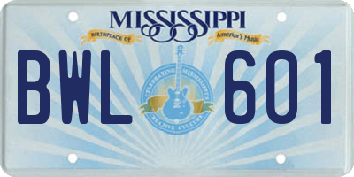 MS license plate BWL601