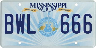 MS license plate BWL666