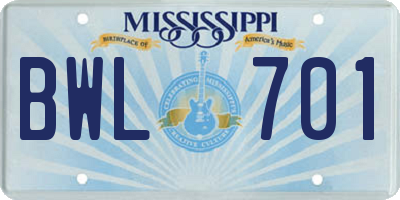 MS license plate BWL701