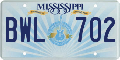 MS license plate BWL702