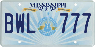 MS license plate BWL777