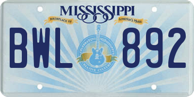 MS license plate BWL892