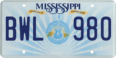 MS license plate BWL980