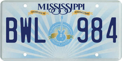 MS license plate BWL984
