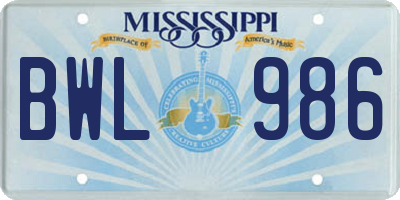 MS license plate BWL986
