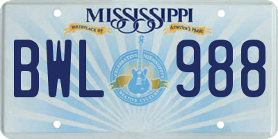 MS license plate BWL988
