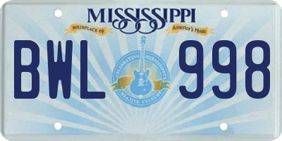 MS license plate BWL998