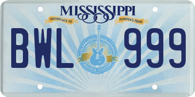 MS license plate BWL999