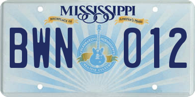 MS license plate BWN012