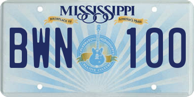 MS license plate BWN100