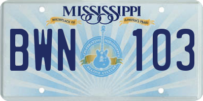 MS license plate BWN103