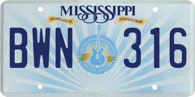 MS license plate BWN316