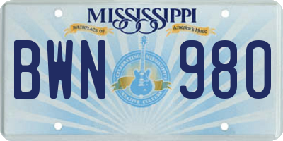 MS license plate BWN980