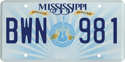 MS license plate BWN981
