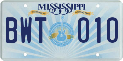 MS license plate BWT010