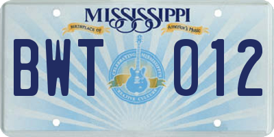 MS license plate BWT012