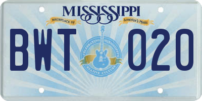 MS license plate BWT020