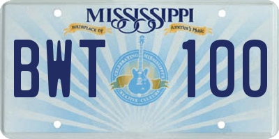 MS license plate BWT100