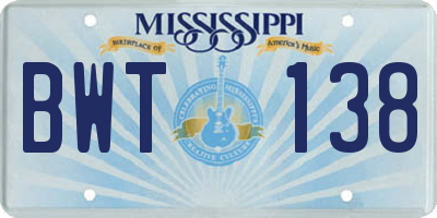 MS license plate BWT138