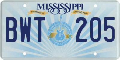 MS license plate BWT205