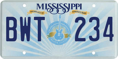 MS license plate BWT234