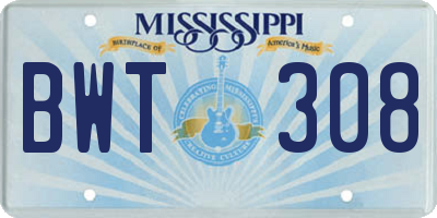MS license plate BWT308
